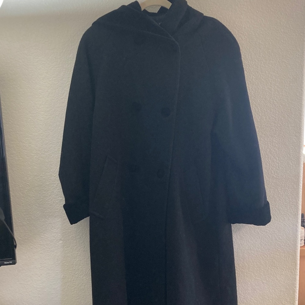 Halston vintage wool Black Coat velvet hood buttons quiet luxury old Hollywood